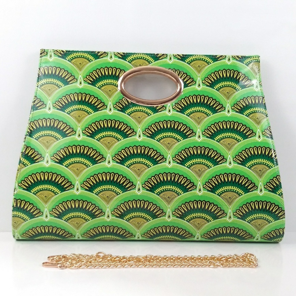 XL Faux Green Leather Fan Motif Clutch